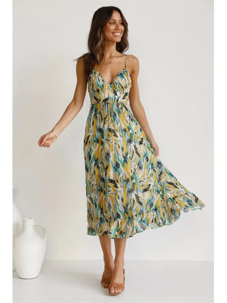 Spaghetti Strap Sweetheart Bustier Tie Waist Ruffle Hem A-Line Midi Dress