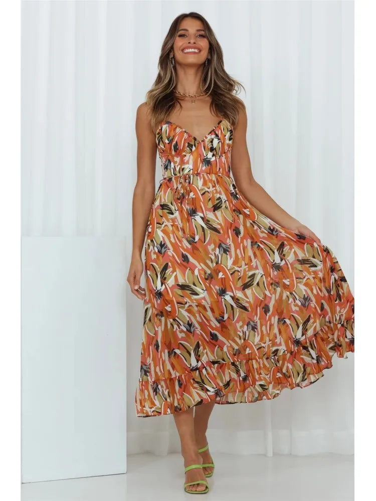 Spaghetti Strap Sweetheart Bustier Tie Waist Ruffle Hem A-Line Midi Dress