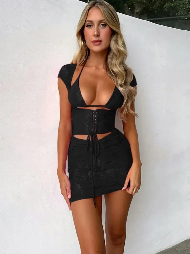 Lace Halter Neck Cut Out Lace Up Corset Bodycon Mini Dress 3