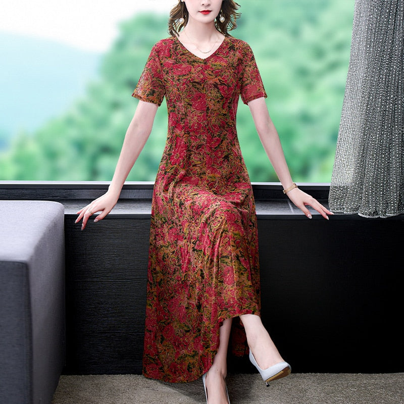 Floral Print V-Neck Long Sleeve Fit and Flare Maxi Dress