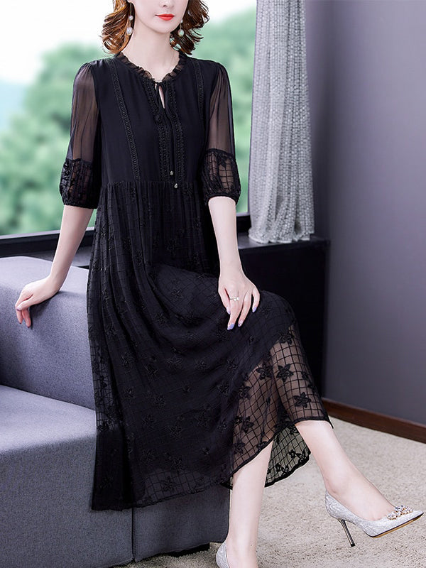 Lace Trim Embroidered Grid Sheer Overlay Empire Waist Three Quarter Sleeve Midi Dress