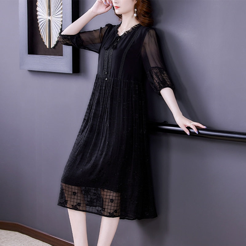 Lace Trim Embroidered Grid Sheer Overlay Empire Waist Three Quarter Sleeve Midi Dress