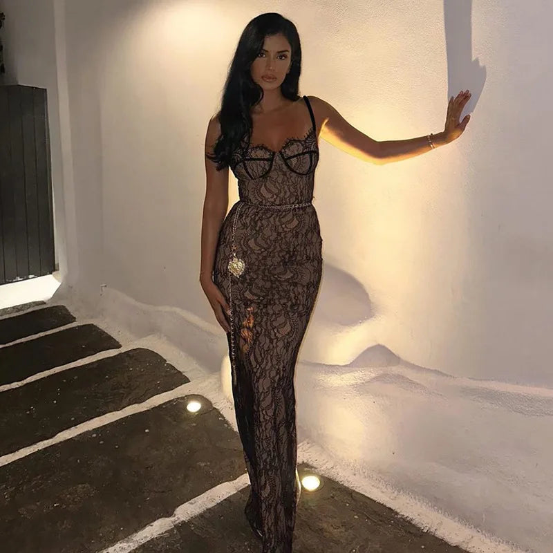 New Spring Lace Stitching Backless Slit Refined Maxi Dress