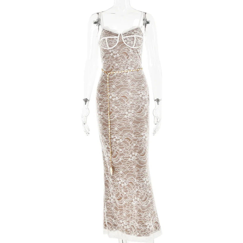 New Spring Lace Stitching Backless Slit Refined Maxi Dress