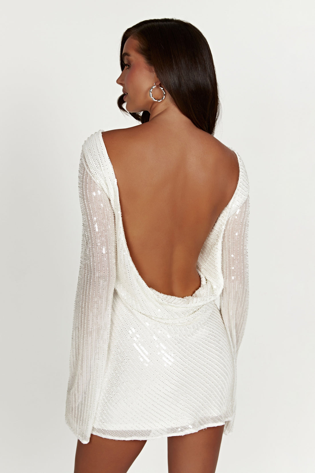 Sequin Beaded Cowl Open Back Flared Long Sleeve Mini Dress 4