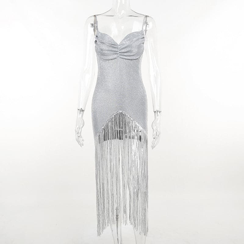 Solid ruched textured glitter tassels backless mini dress 2