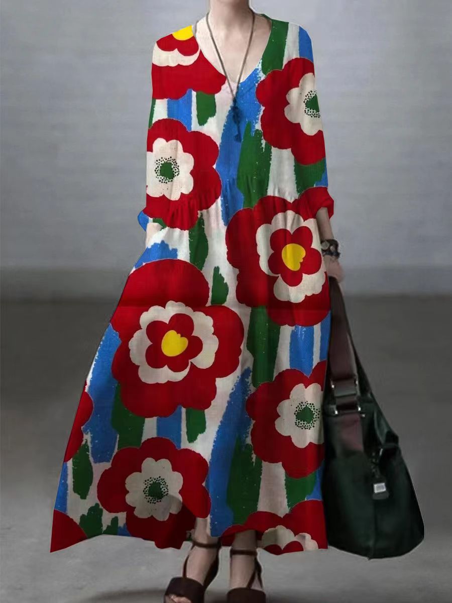 V-Neck Long Sleeve Pocket Drop Waist Maxi Dress 8