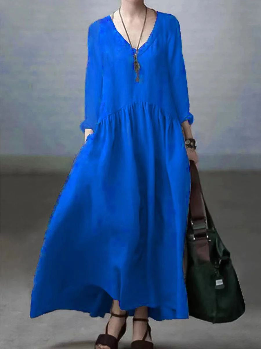 V-Neck Long Sleeve Pocket Drop Waist Maxi Dress 11