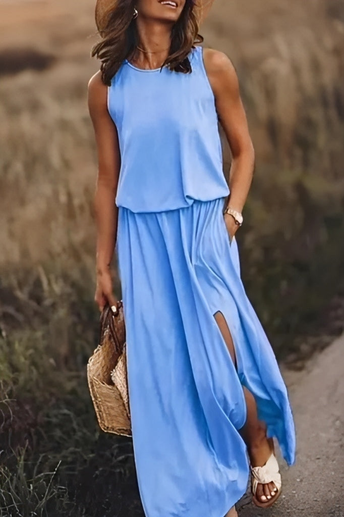 Sleeveless Round Neck Blouson Pocket High Split Knit Summer Maxi Dress