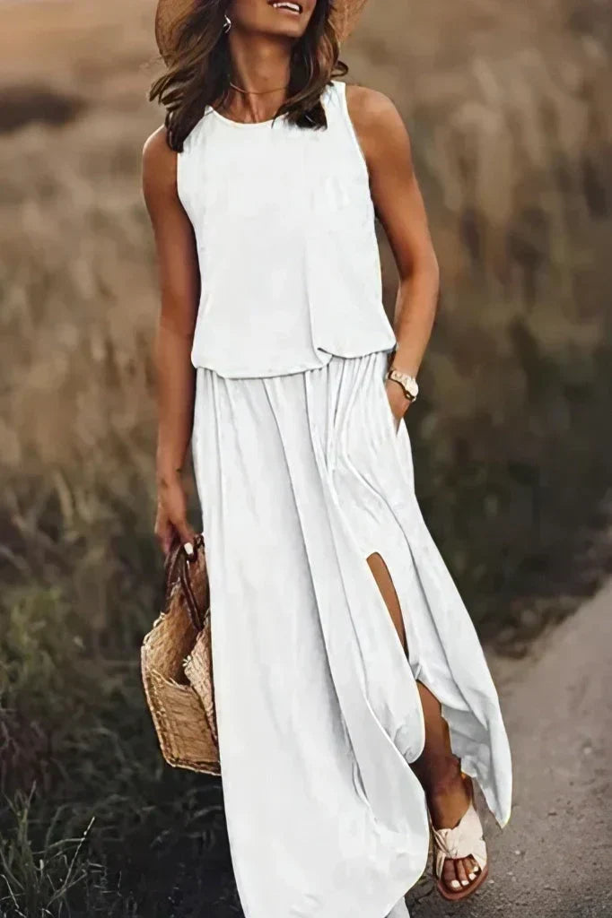 Sleeveless Round Neck Blouson Pocket High Split Knit Summer Maxi Dress