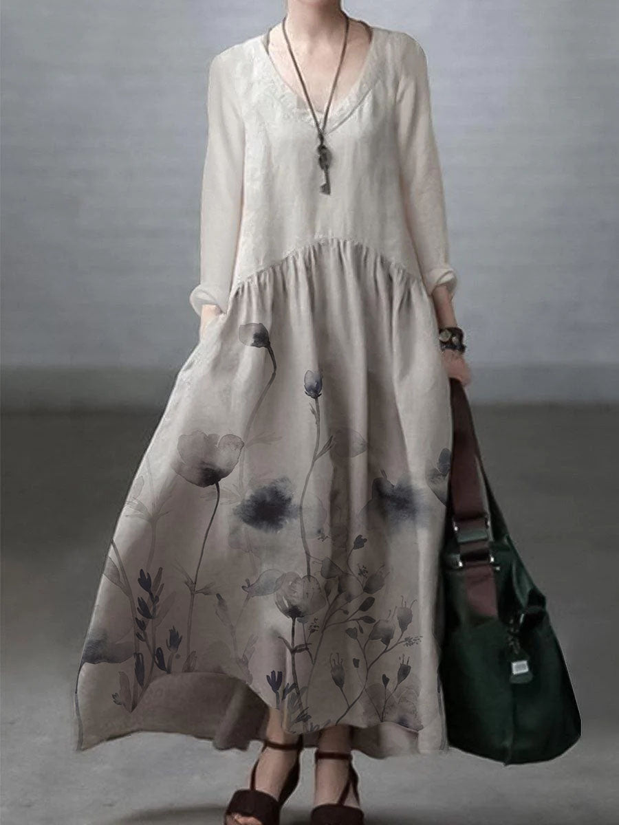 V-Neck Long Sleeve Pocket Drop Waist Maxi Dress 3