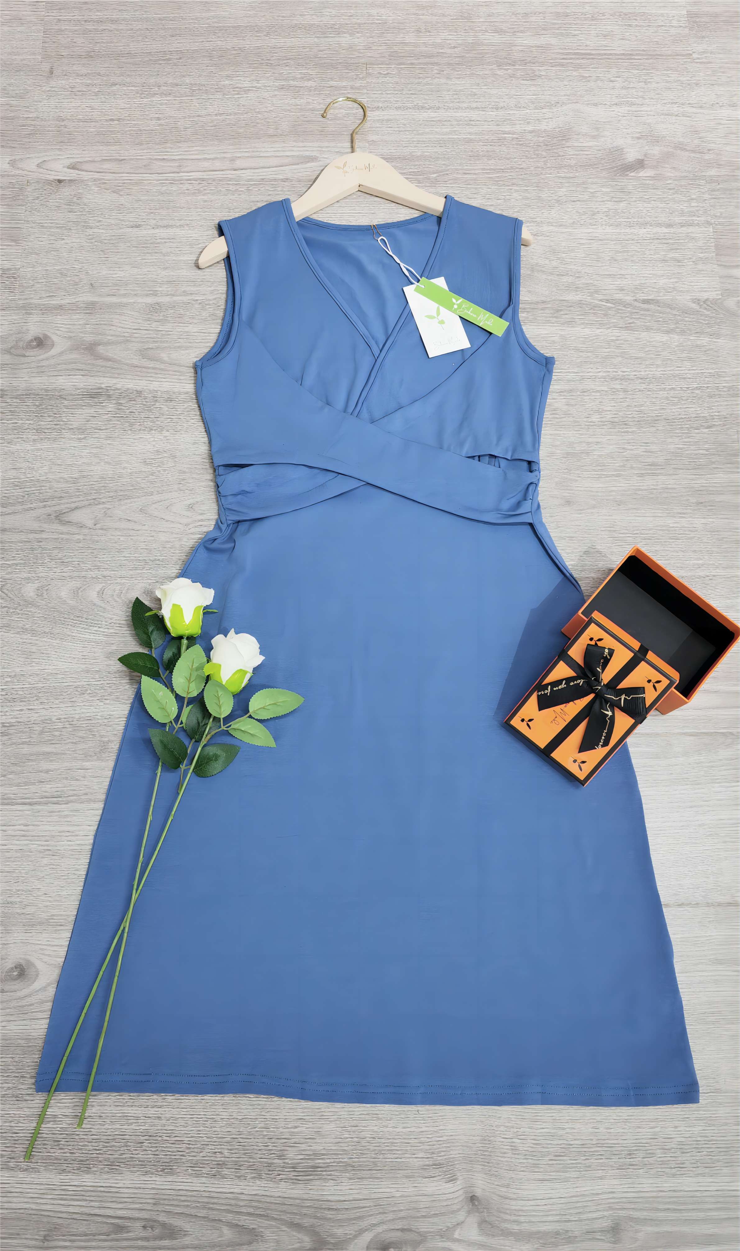 Sleeveless Deep V-Neck Wrap Pleated Waist A-Line Cocktail Midi Dress