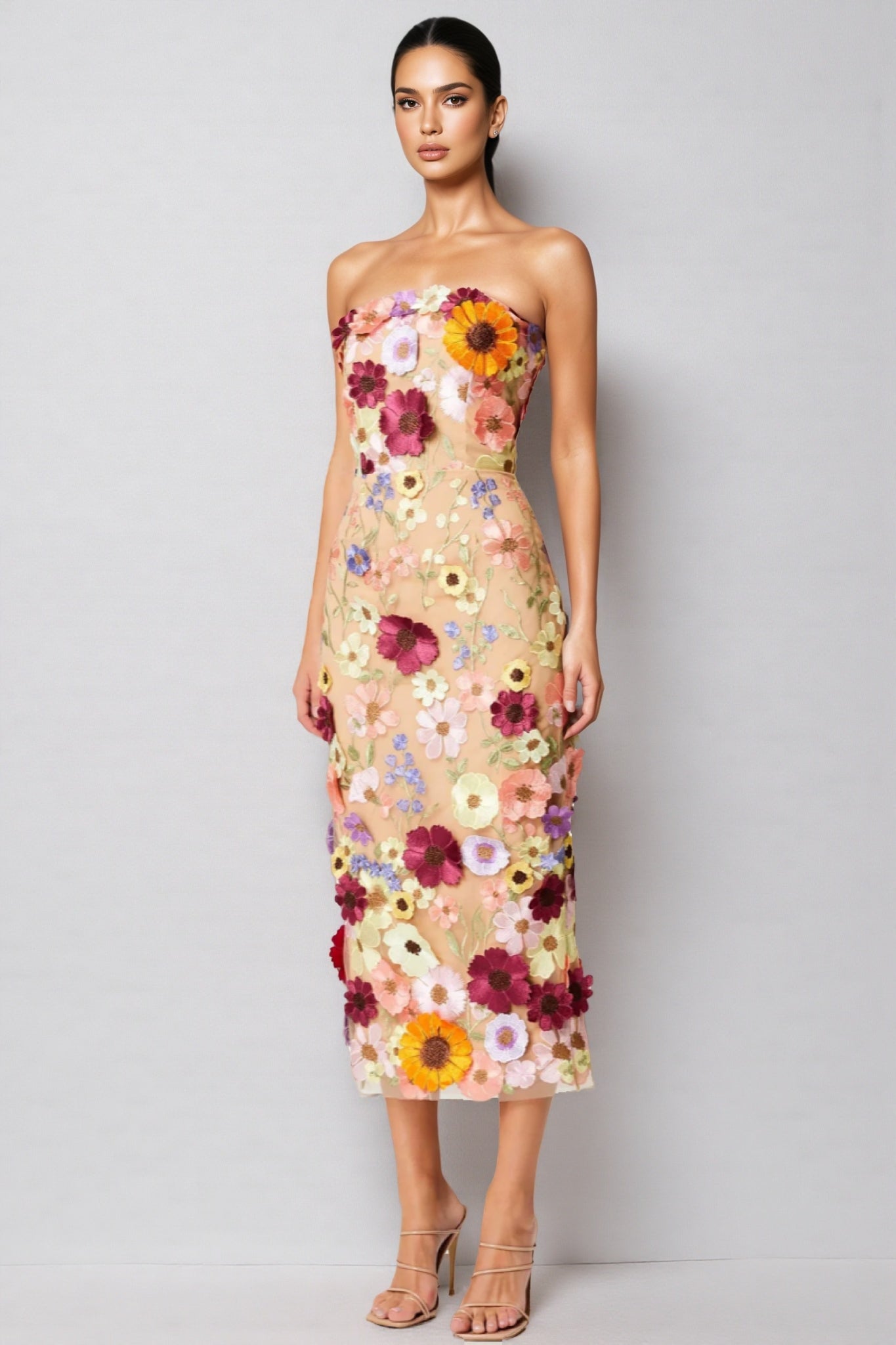 3D Floral Applique Strapless Mesh Bodycon Midi Dress