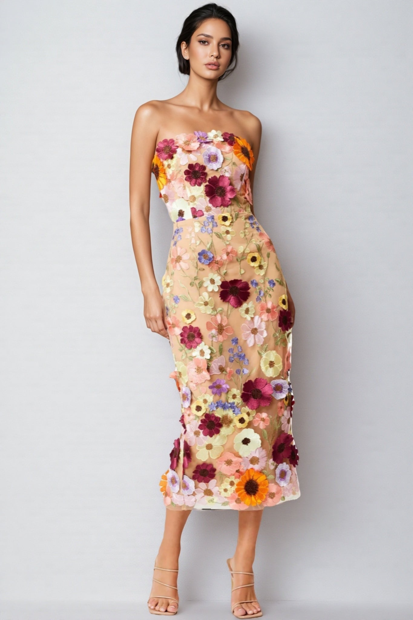 3D Floral Applique Strapless Mesh Bodycon Midi Dress