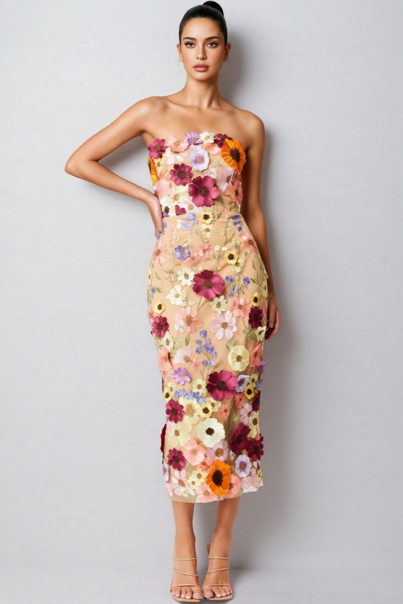 3D Floral Applique Strapless Mesh Bodycon Midi Dress