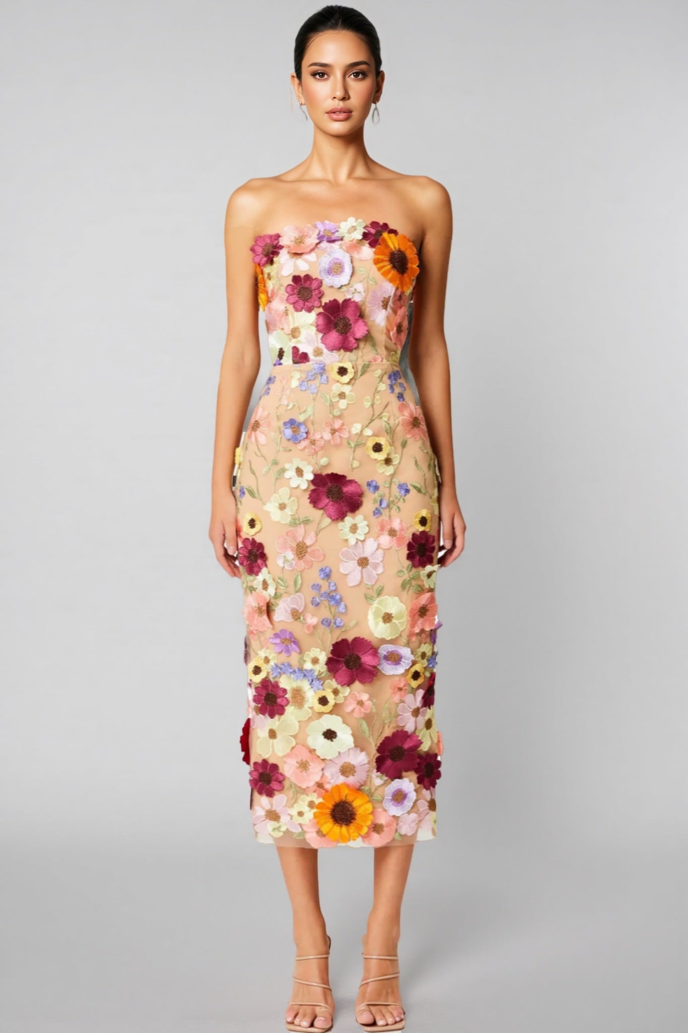 3D Floral Applique Strapless Mesh Bodycon Midi Dress