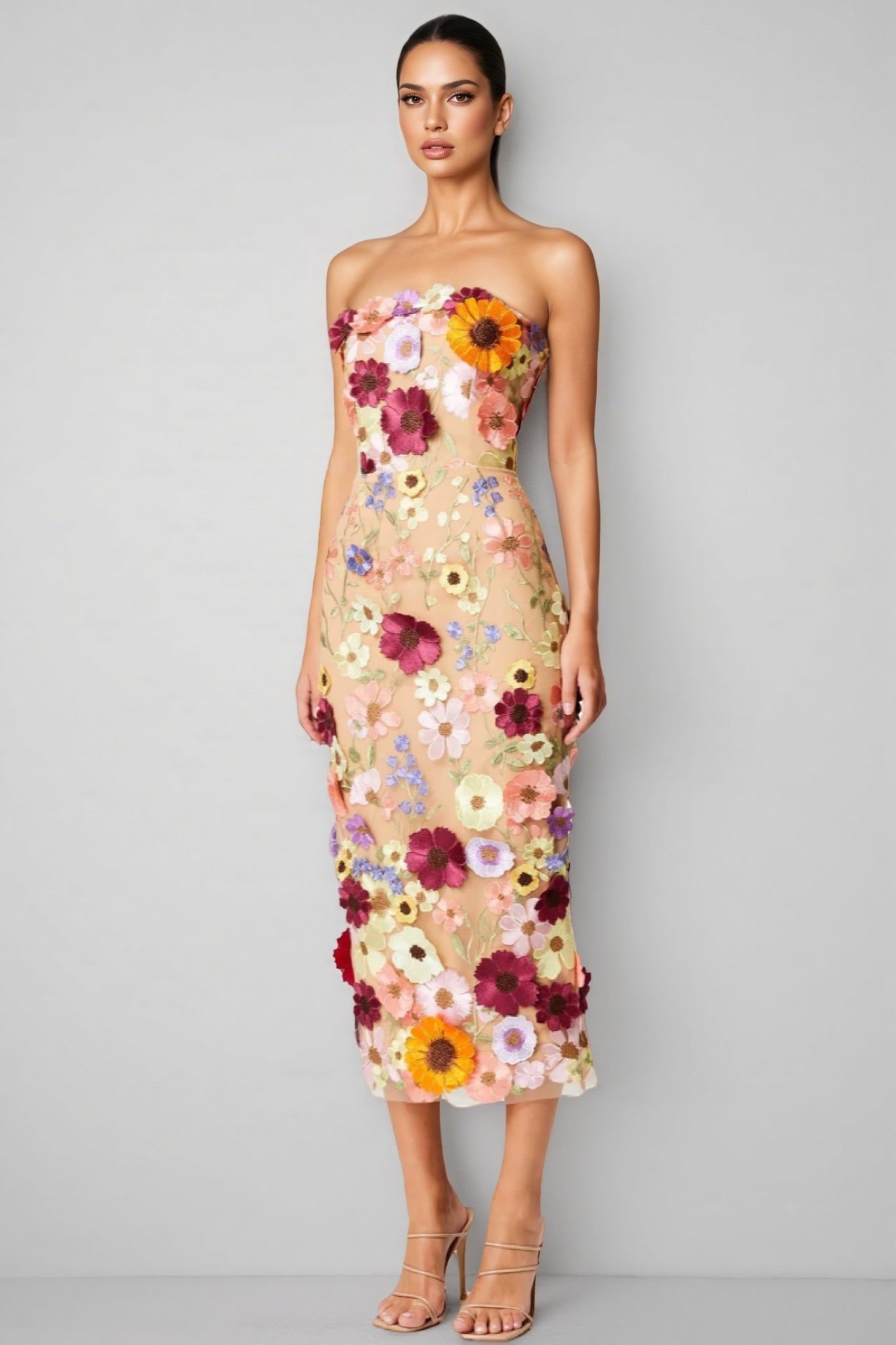 3D Floral Applique Strapless Mesh Bodycon Midi Dress