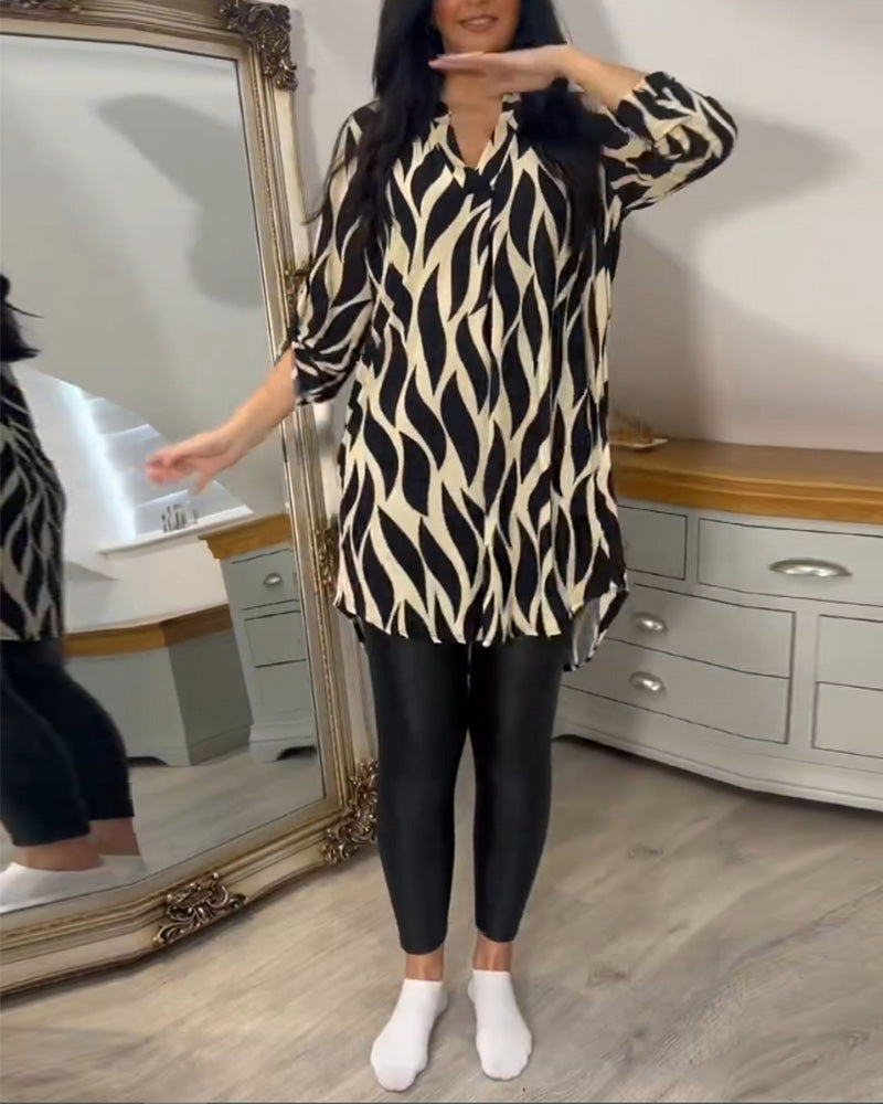 Abstract Print Roll Tab Long Sleeve Collared Button Down High Low Shirt Top