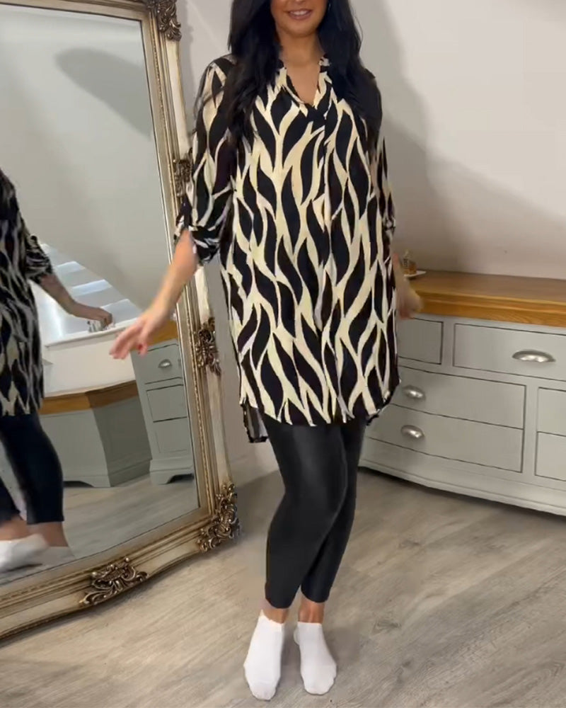 Abstract Print Roll Tab Long Sleeve Collared Button Down High Low Shirt Top