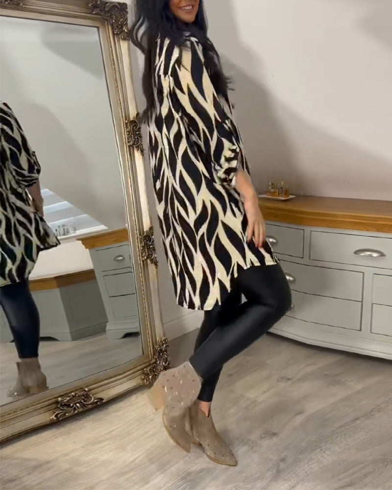 Abstract Print Roll Tab Long Sleeve Collared Button Down High Low Shirt Top