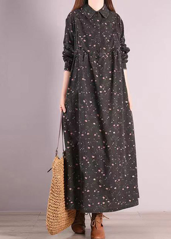 Ditsy Floral Print Collar Button Front Long Sleeve Pocket Maxi Shirt Dress