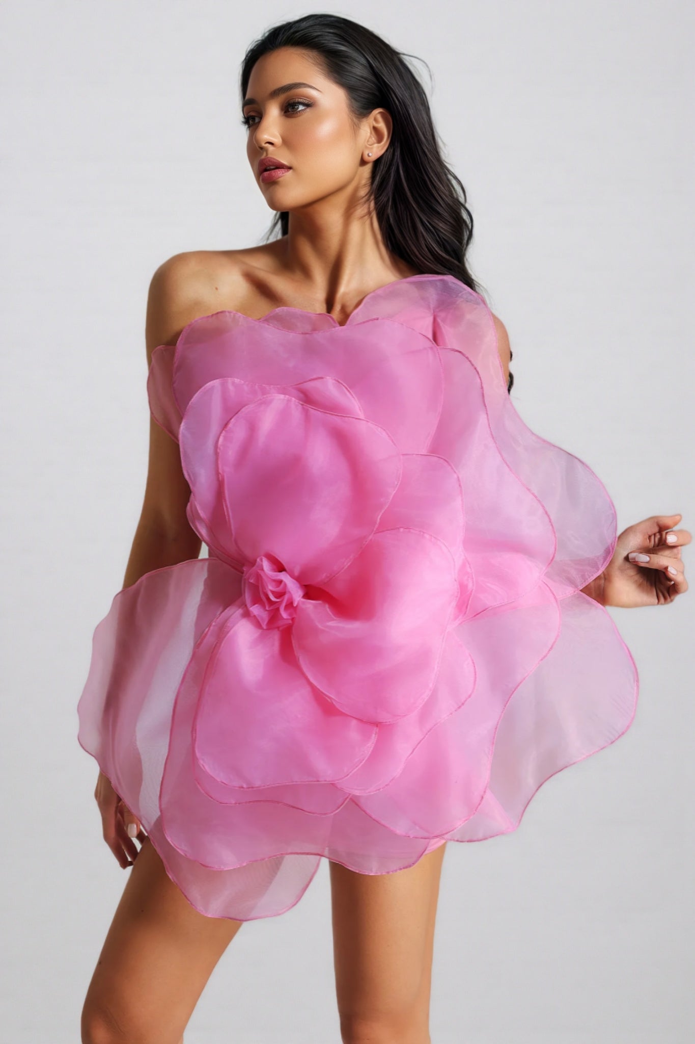 Liana Mesh Flower Mini Tube Dress-Pink - View 4