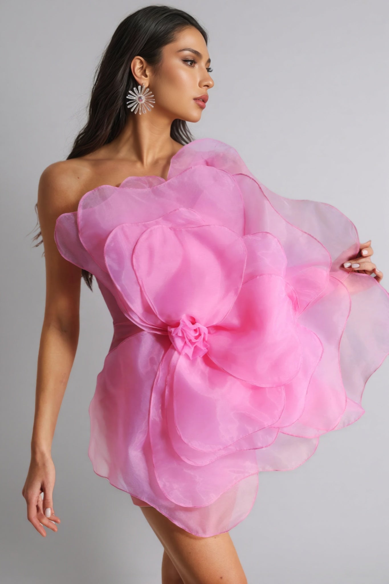 Liana Mesh Flower Mini Tube Dress-Pink - View 3