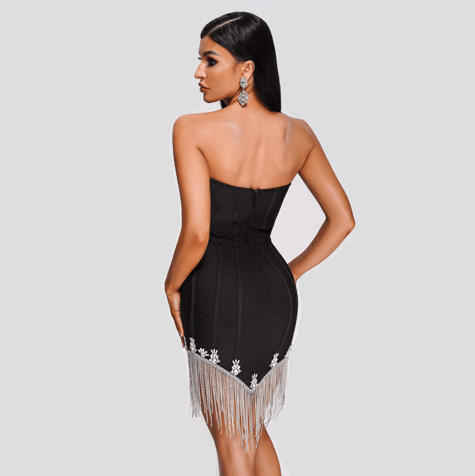 Strapless Cowl Neck Corset Rhinestone Fringe Bodycon Mini Dress