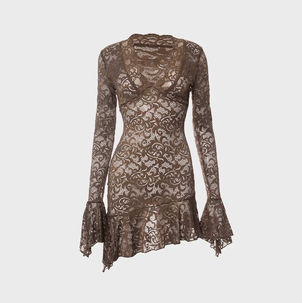 Lace Scalloped V-Neck Long Flare Sleeve Bodycon Mini Dress 9
