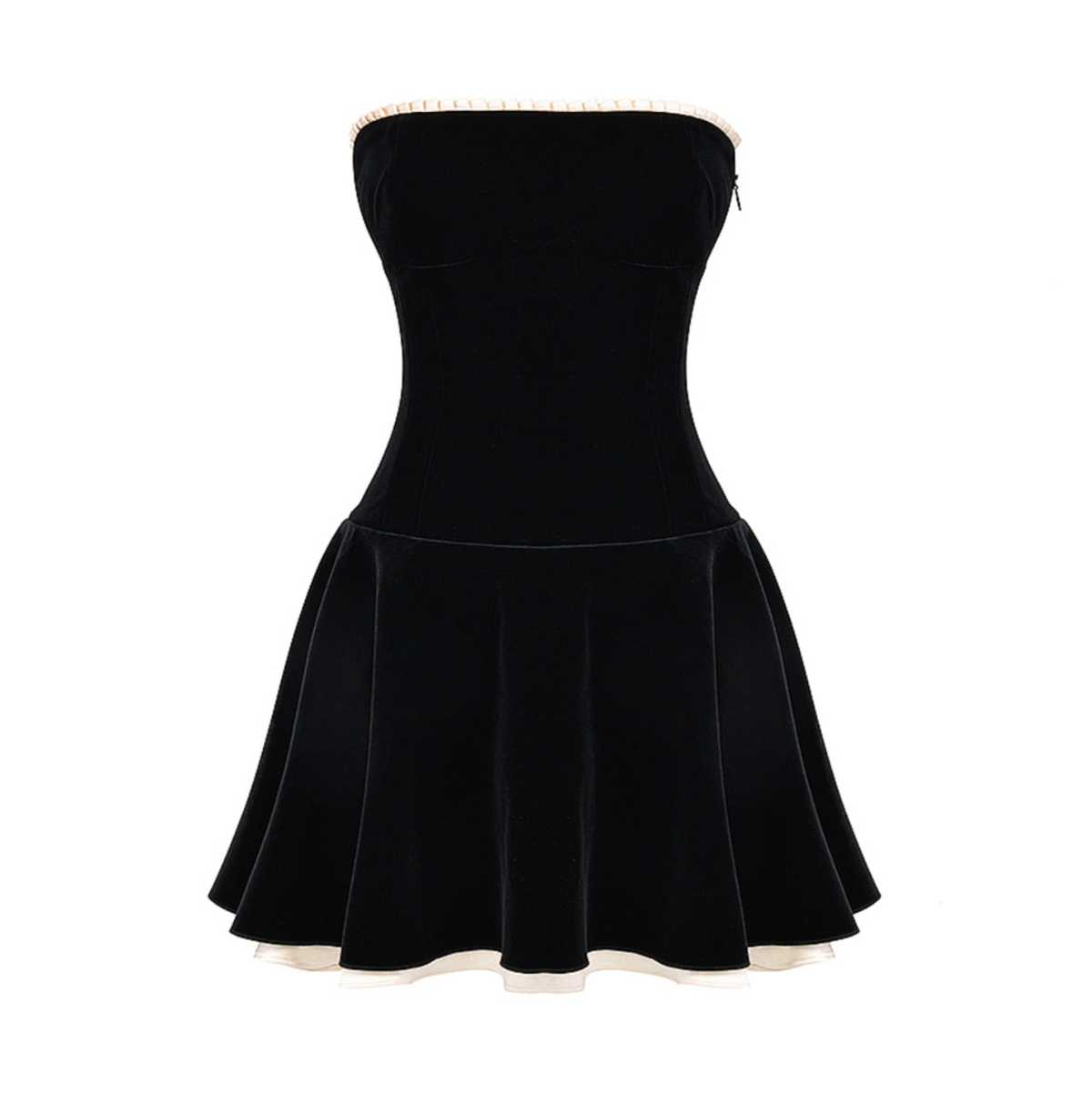 Velvet Strapless Faux Pearl Trim Drop Waist Flared Mini Dress 14