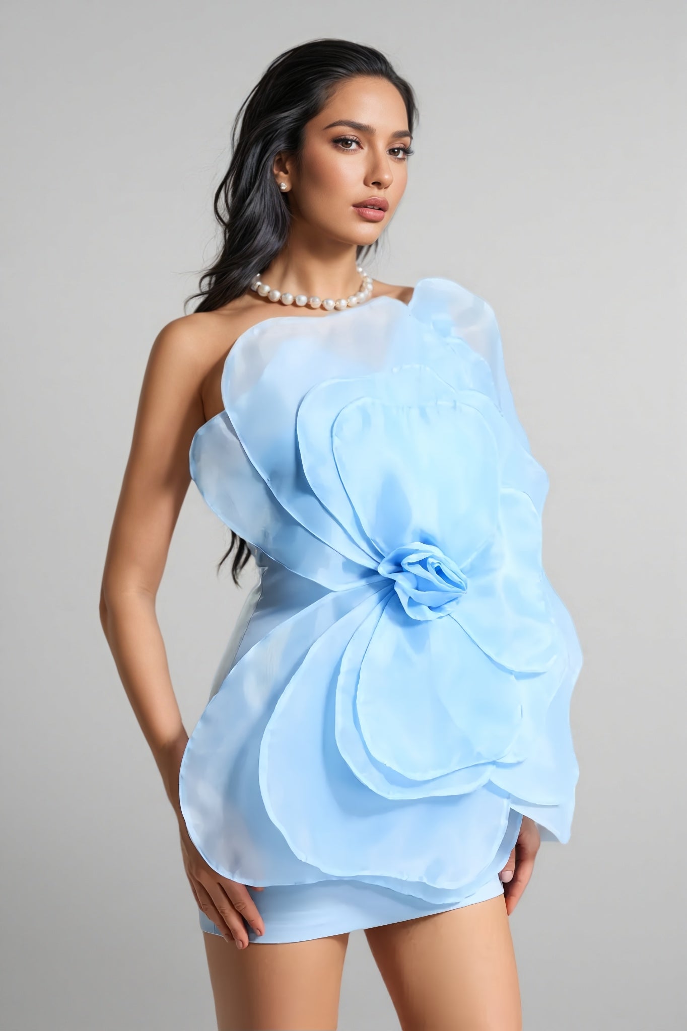 One Shoulder Mesh 3D Floral Mini Dress