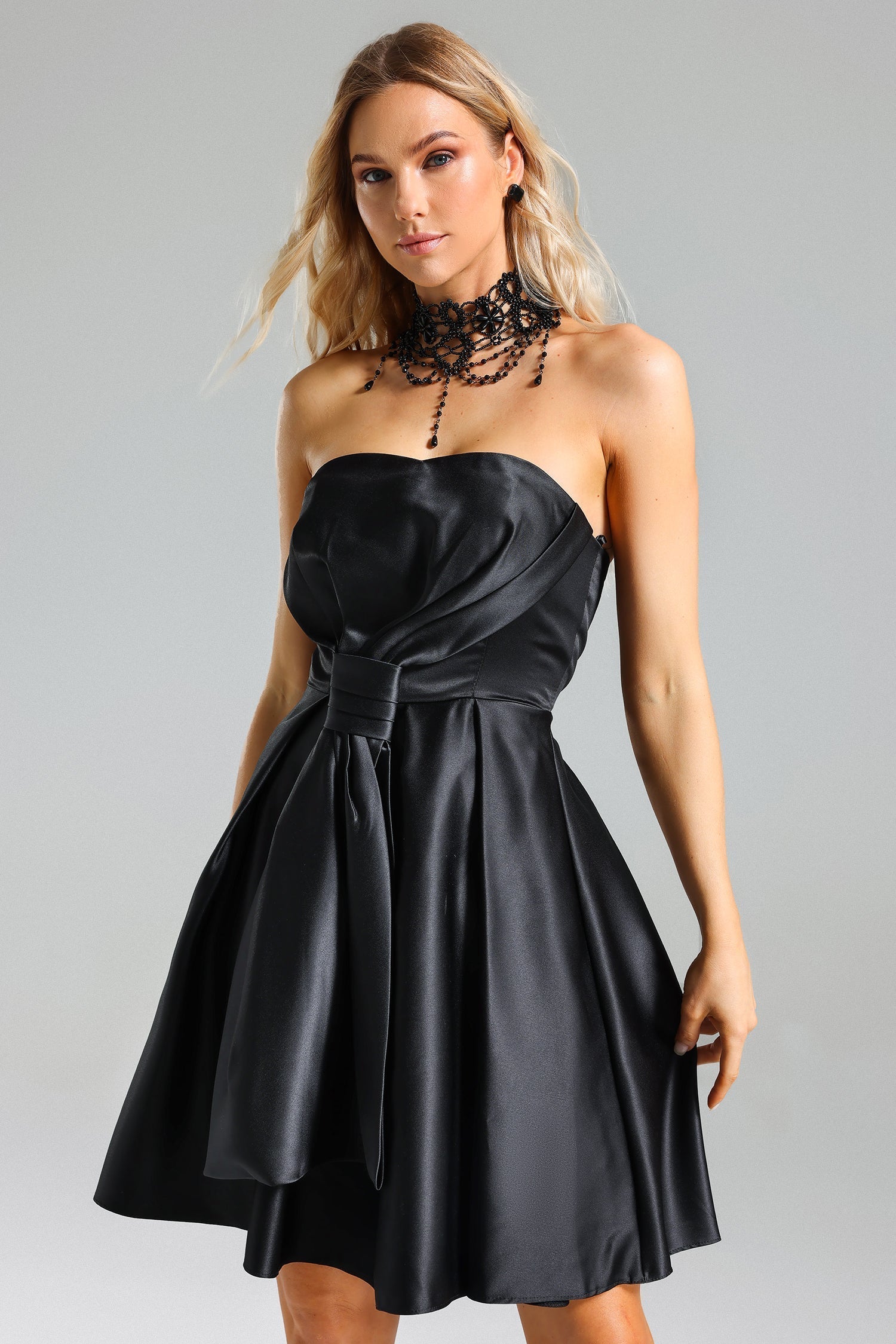 Satin Strapless Sweetheart Belted Fit and Flare Mini Dress