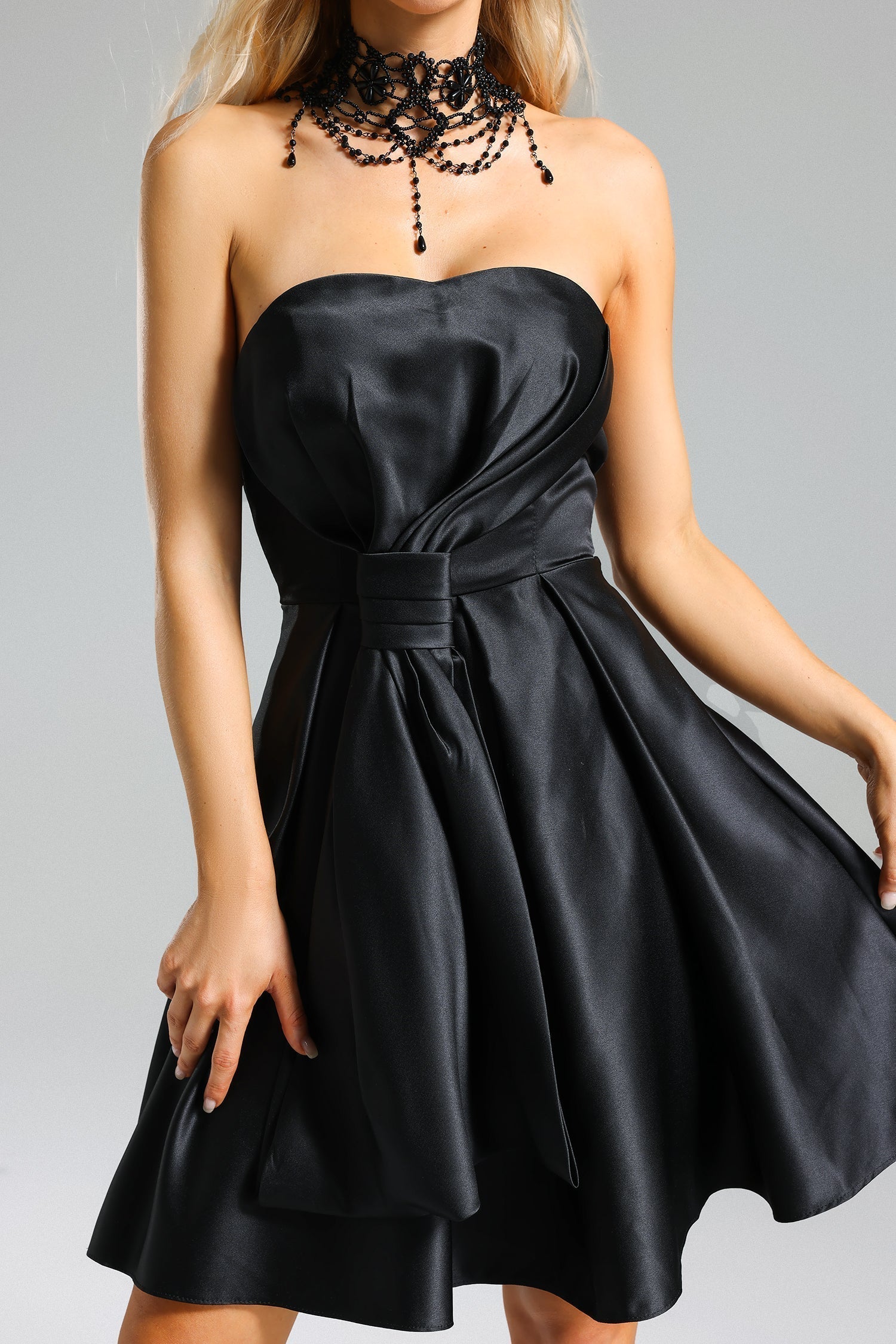 Satin Strapless Sweetheart Belted Fit and Flare Mini Dress