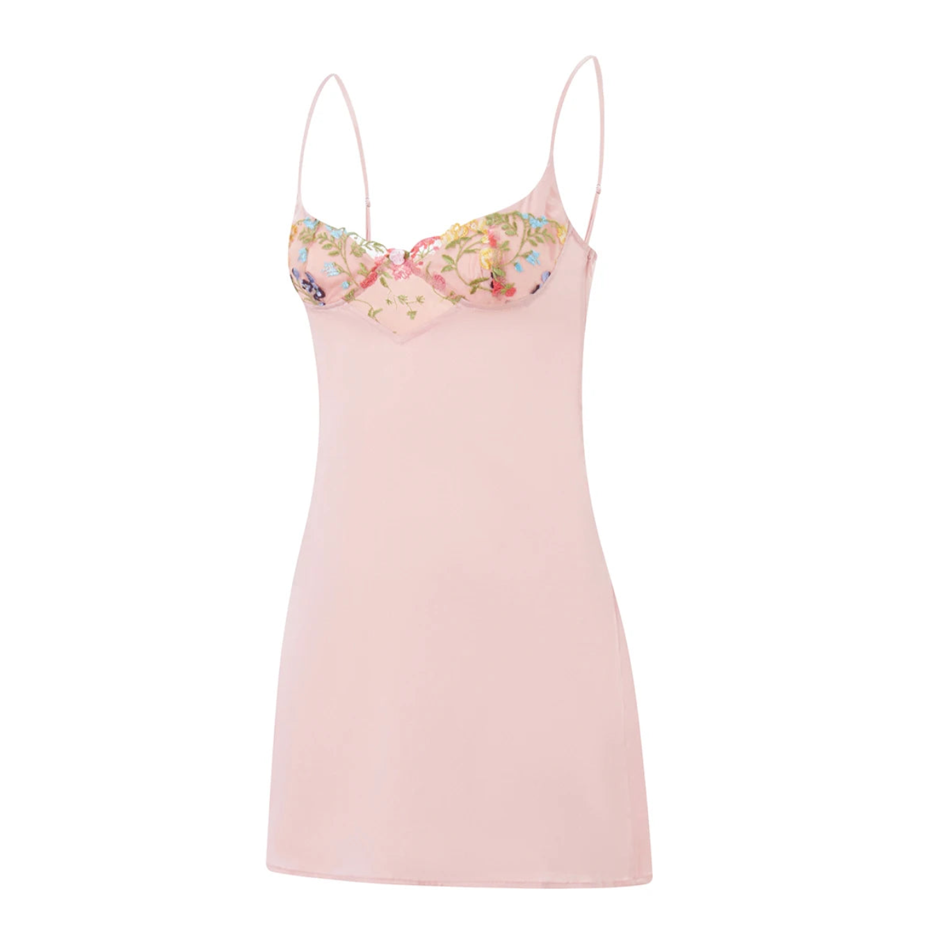 Satin Sweetheart Spaghetti Strap Floral Embroidery Slip Mini Dress