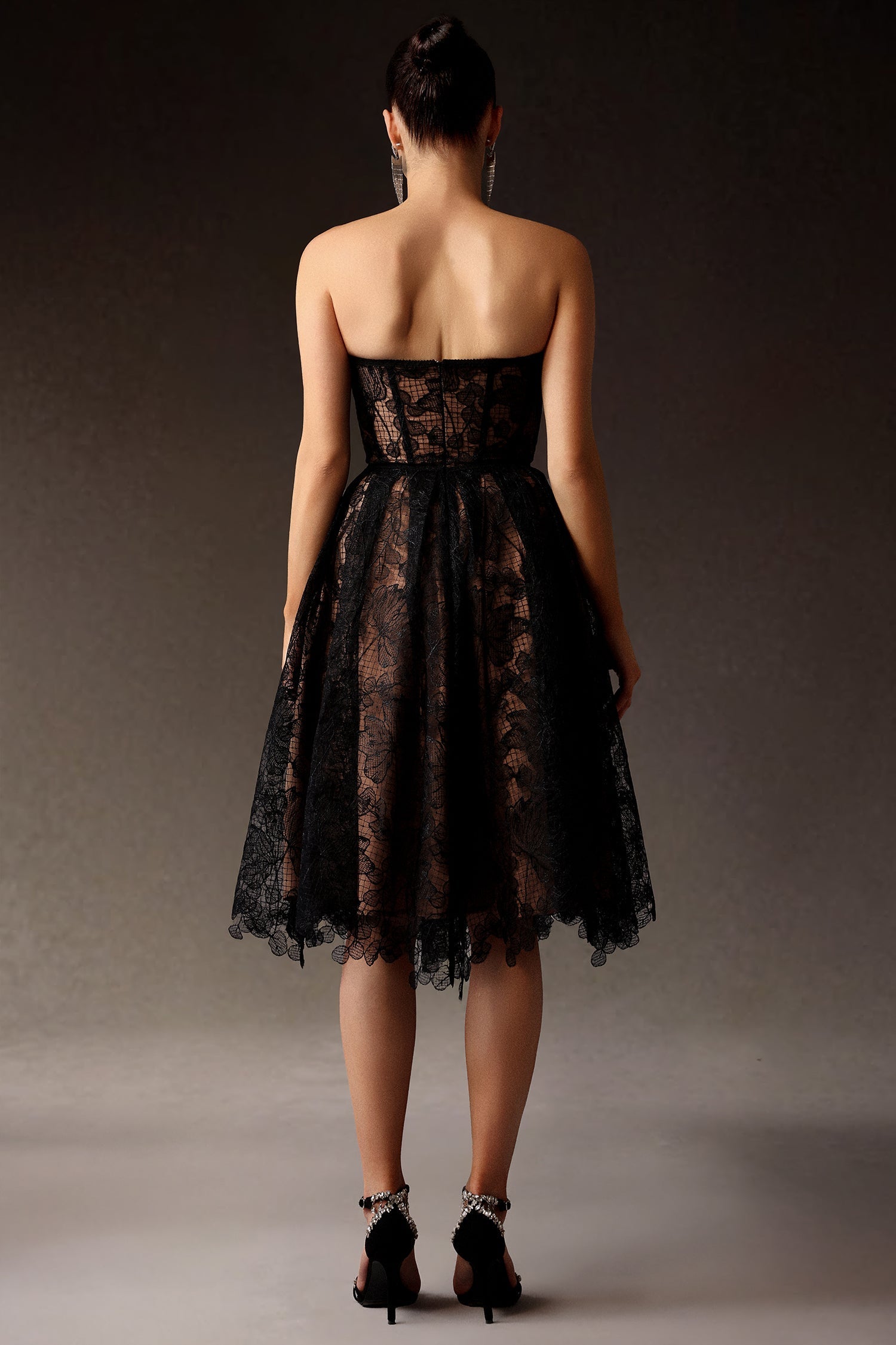 Lace Strapless Sweetheart Corset Fit and Flare Midi Dress