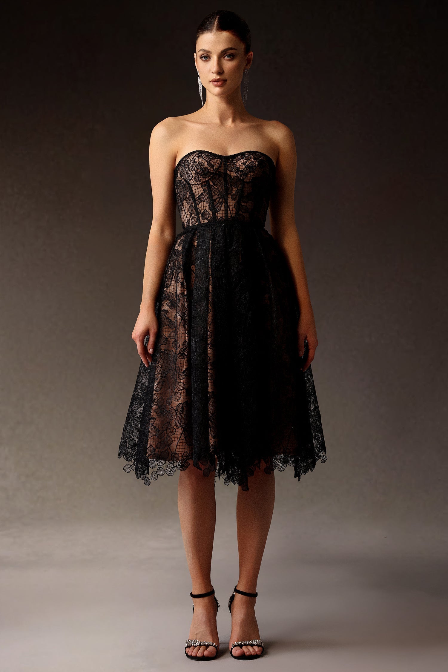 Lace Strapless Sweetheart Corset Fit and Flare Midi Dress