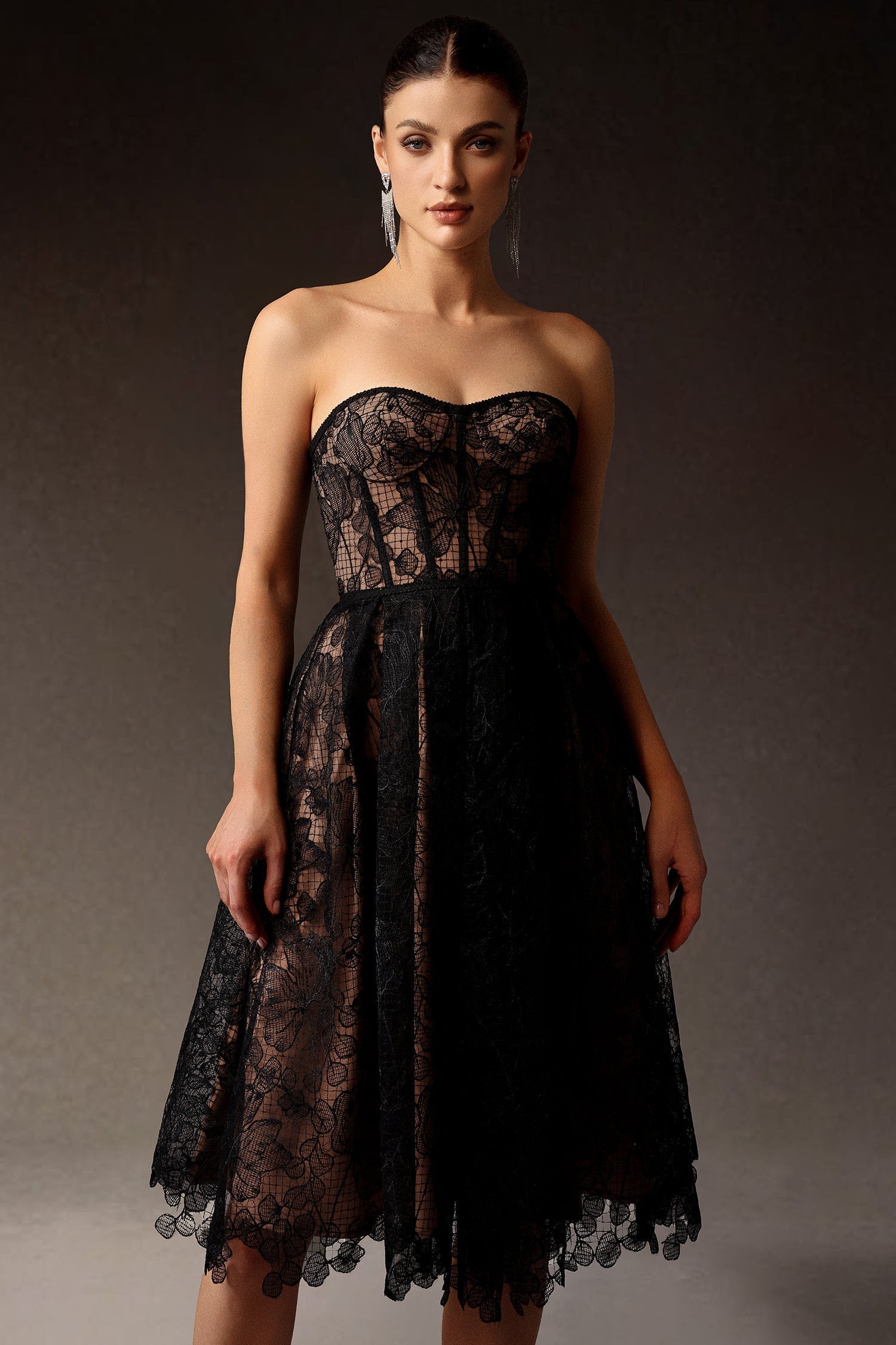 Lace Strapless Sweetheart Corset Fit and Flare Midi Dress