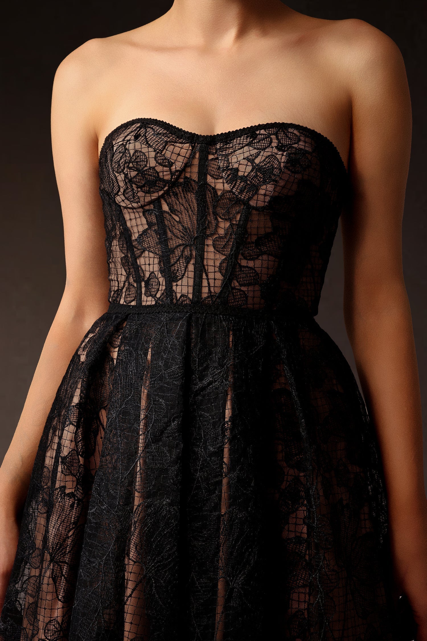 Lace Strapless Sweetheart Corset Fit and Flare Midi Dress