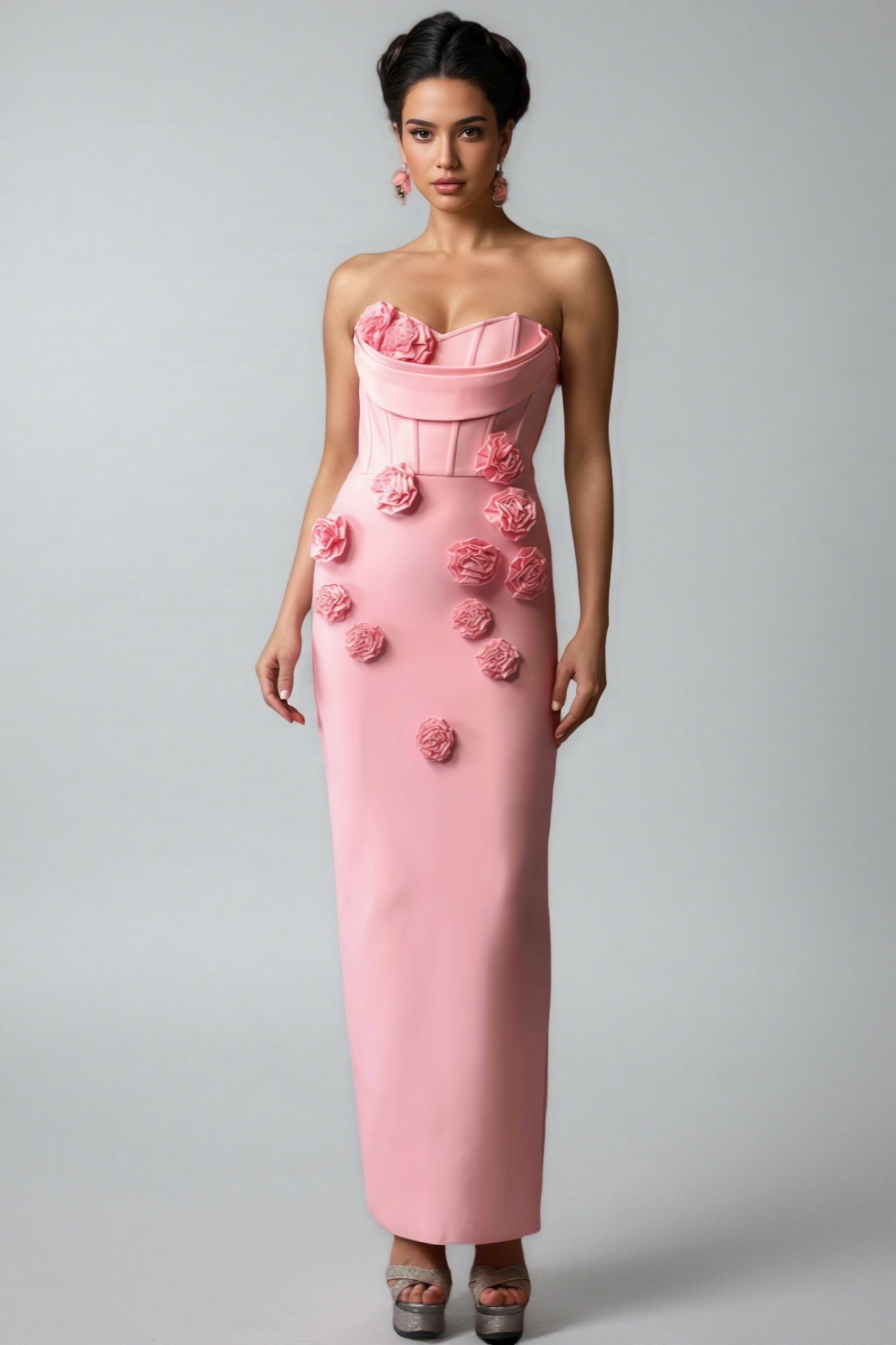 Strapless Corset 3D Rosette Applique Column Maxi Gown