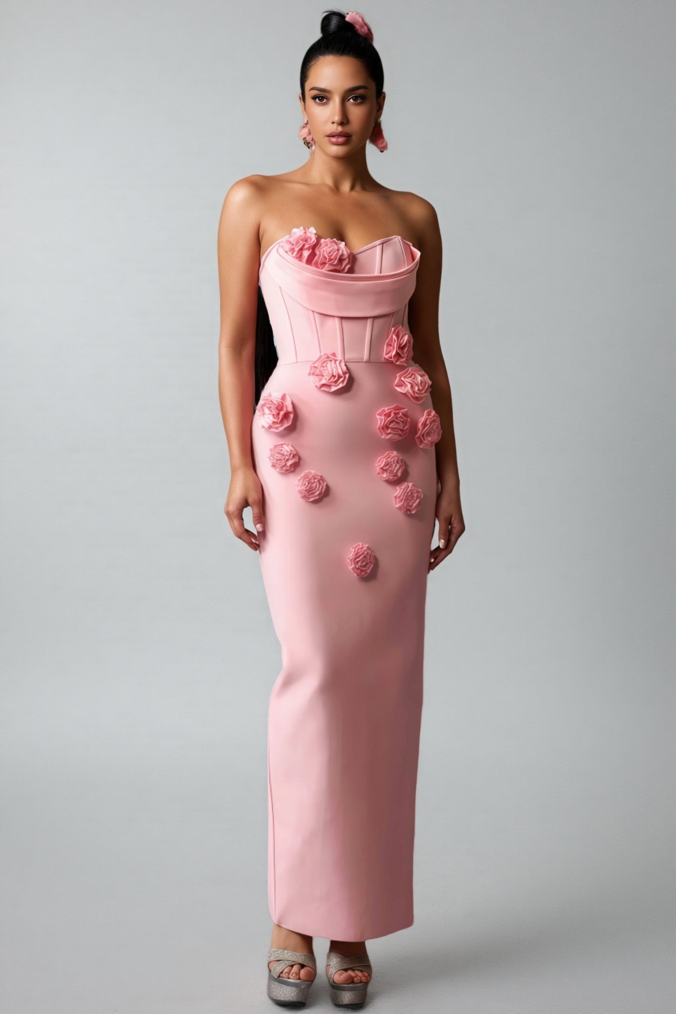 Strapless Corset 3D Rosette Applique Column Maxi Gown