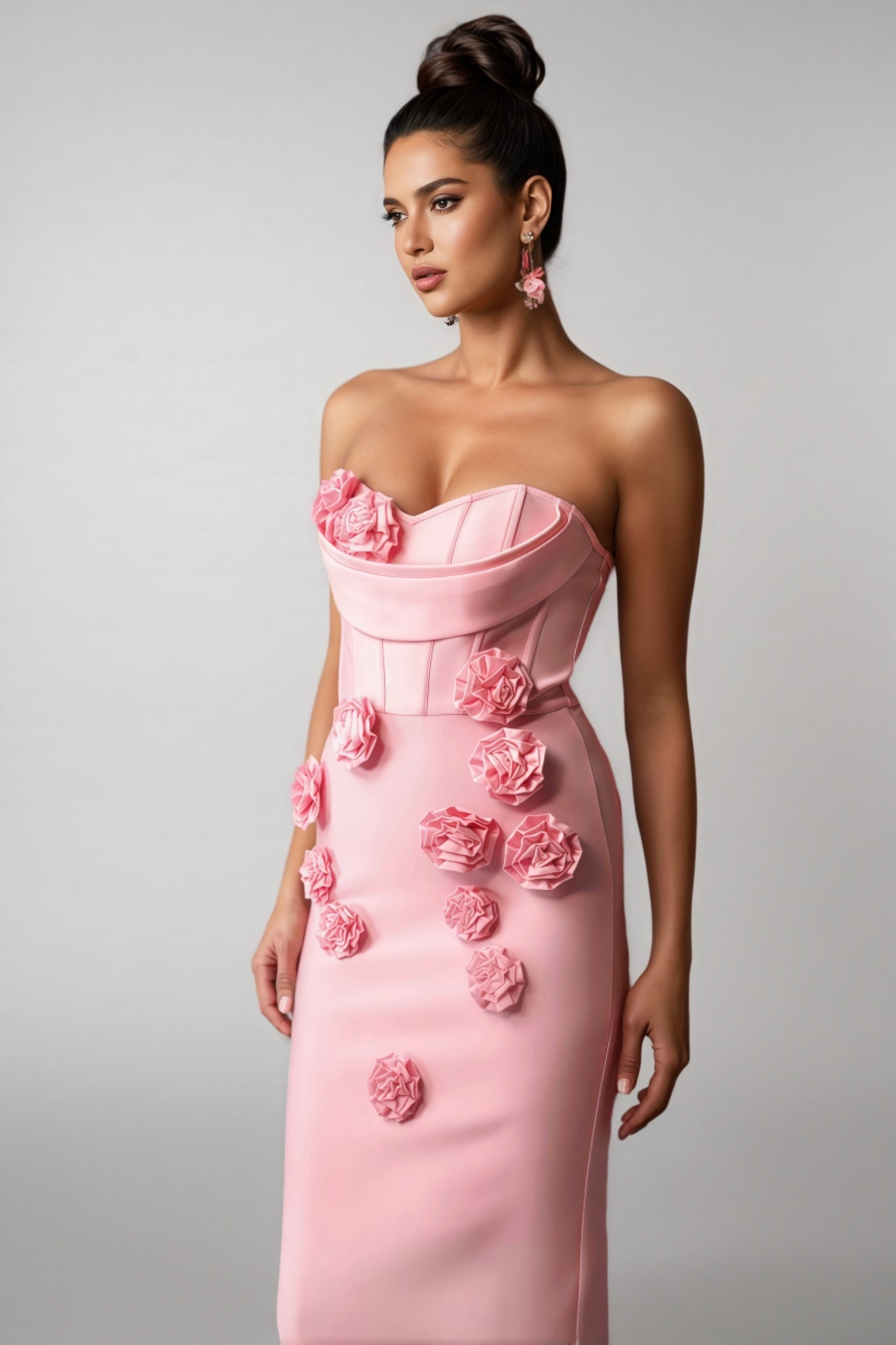 Strapless Corset 3D Rosette Applique Column Maxi Gown
