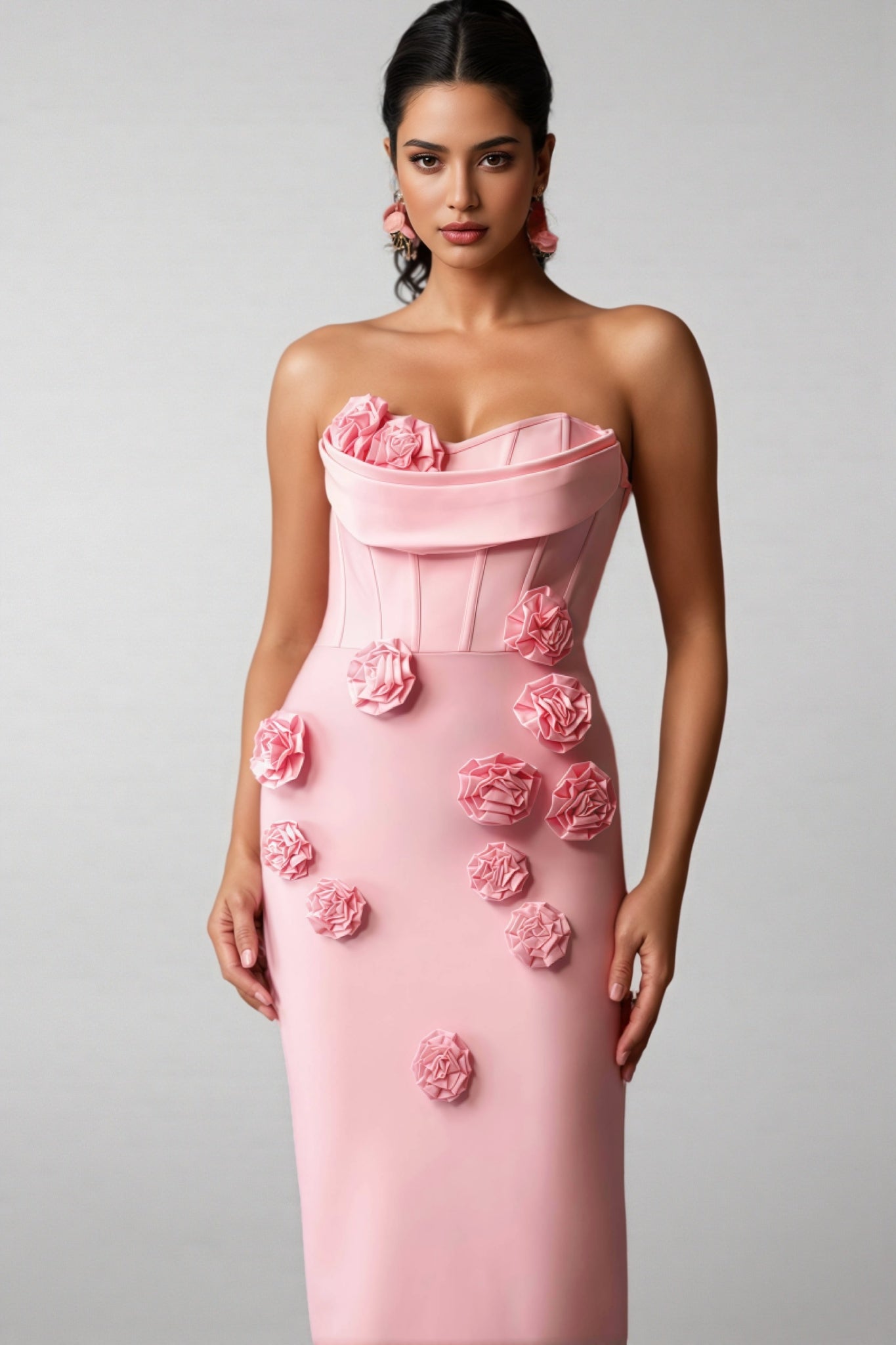 Strapless Corset 3D Rosette Applique Column Maxi Gown