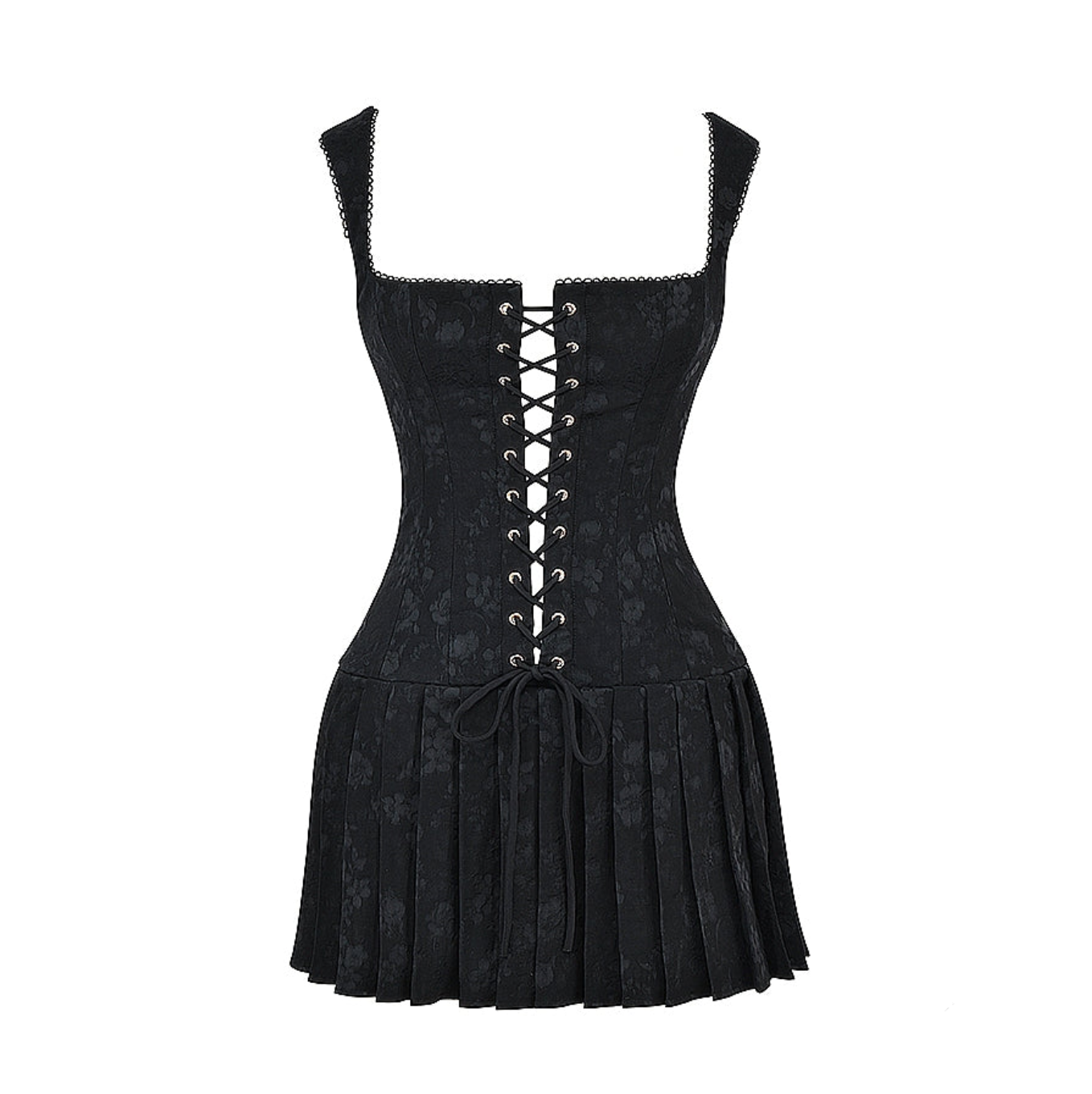 Square Neck Lace Up Corset Pleated Flare Mini Dress