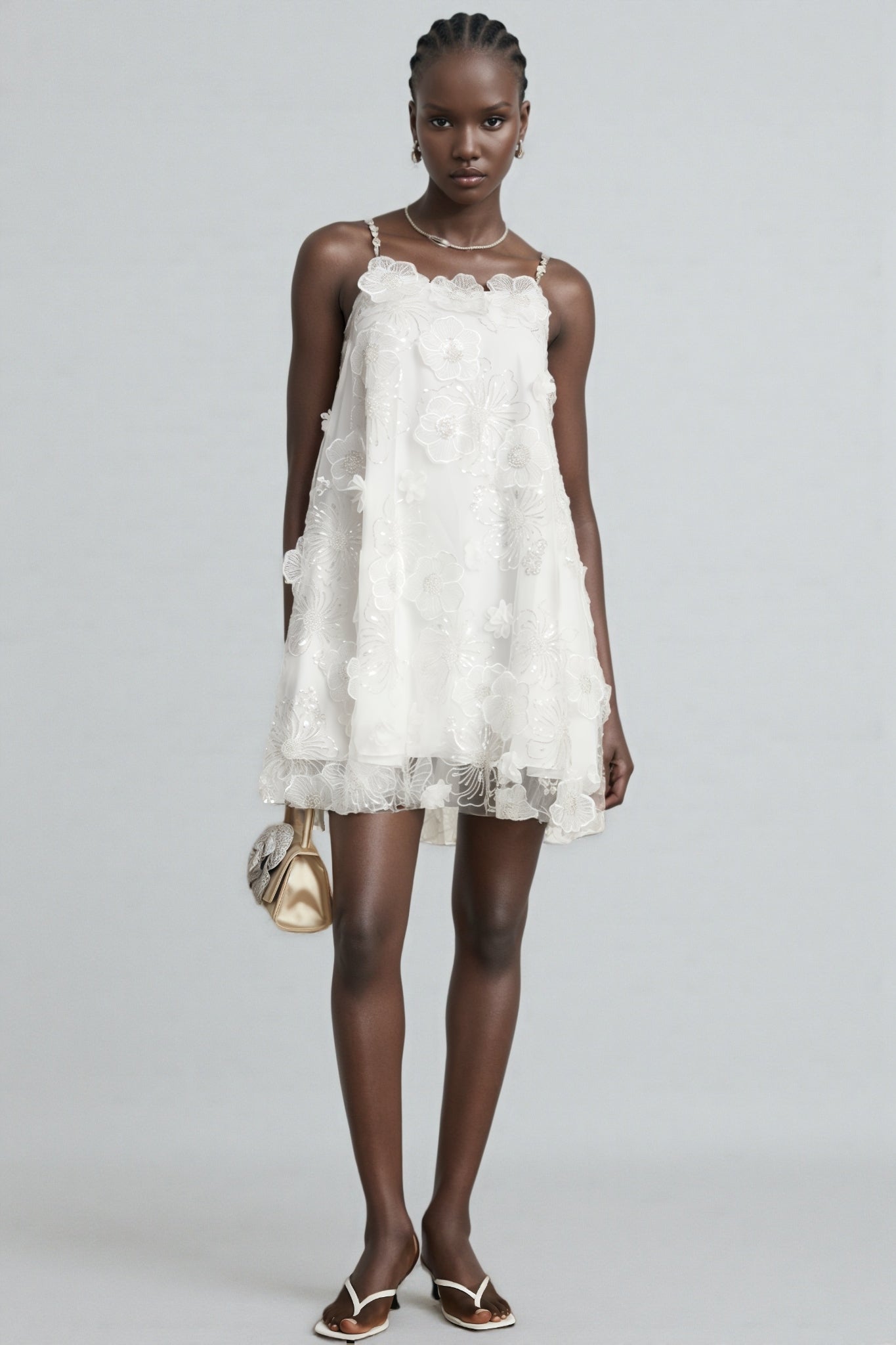 3D Floral Applique Sequin Spaghetti Strap Tulle Mini Dress