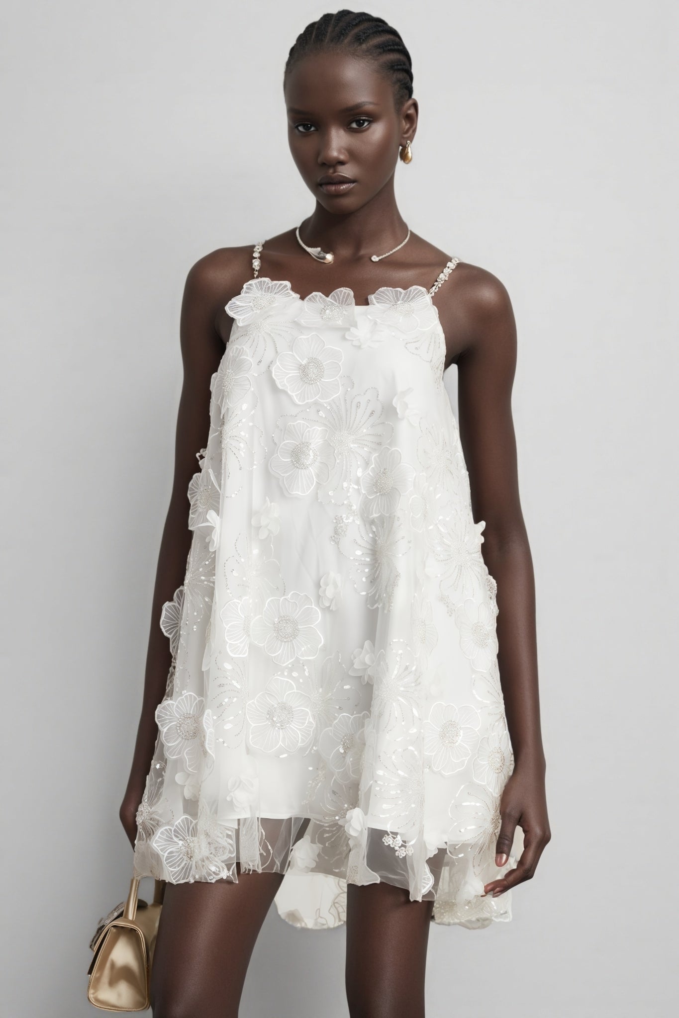 3D Floral Applique Sequin Spaghetti Strap Tulle Mini Dress