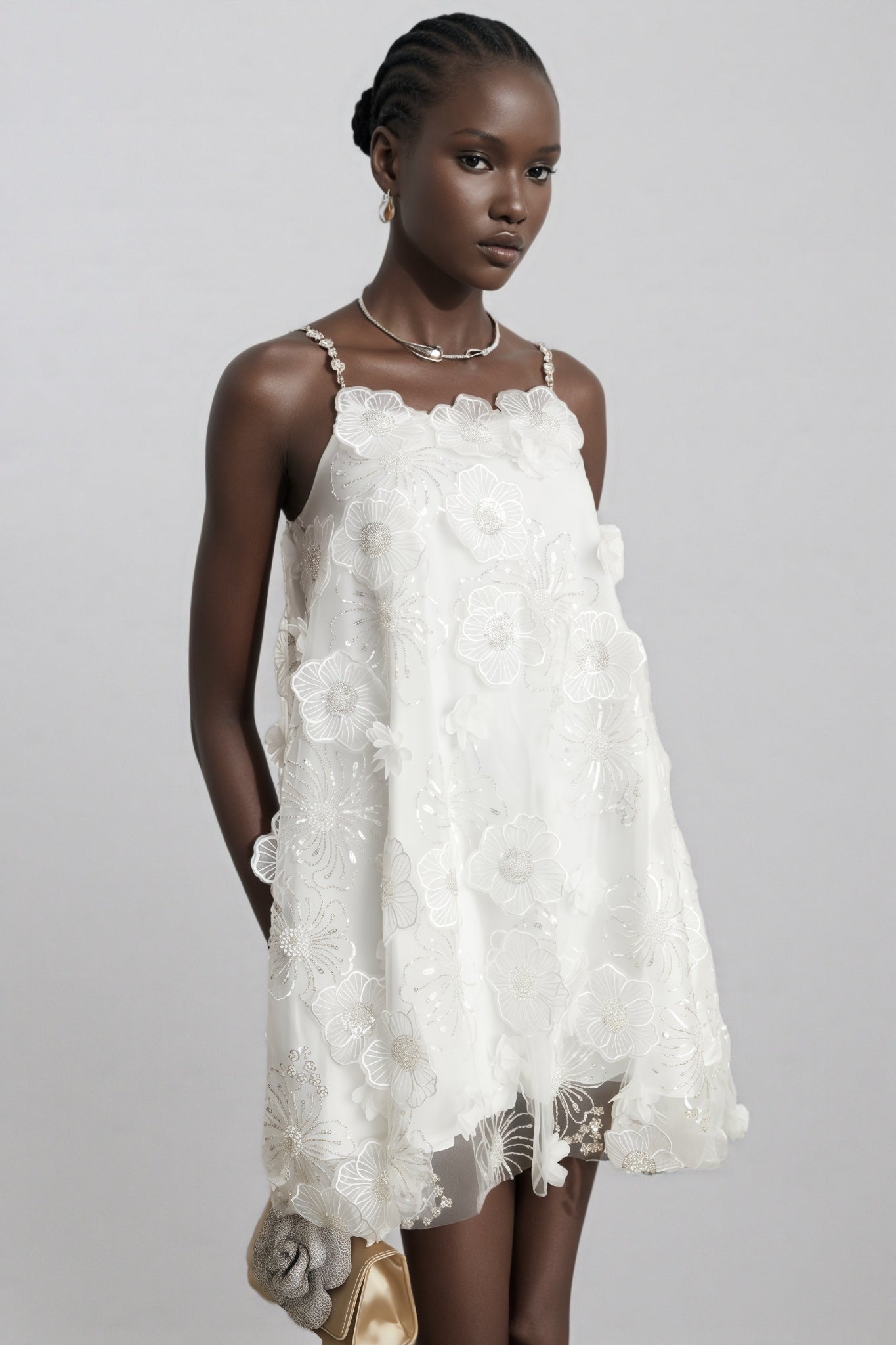 3D Floral Applique Sequin Spaghetti Strap Tulle Mini Dress
