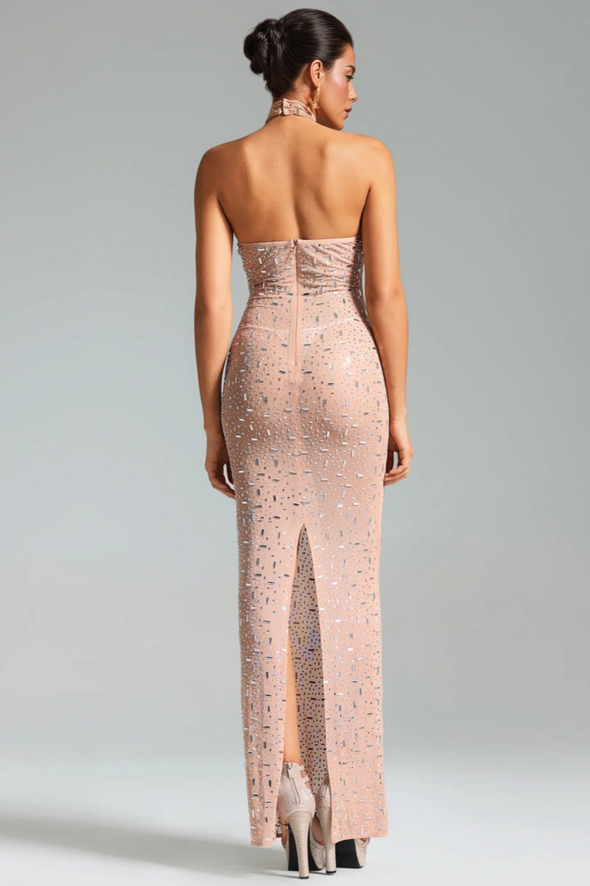 Sheer Mesh Halter Neck Rhinestone Embellished Column Maxi Dress 5