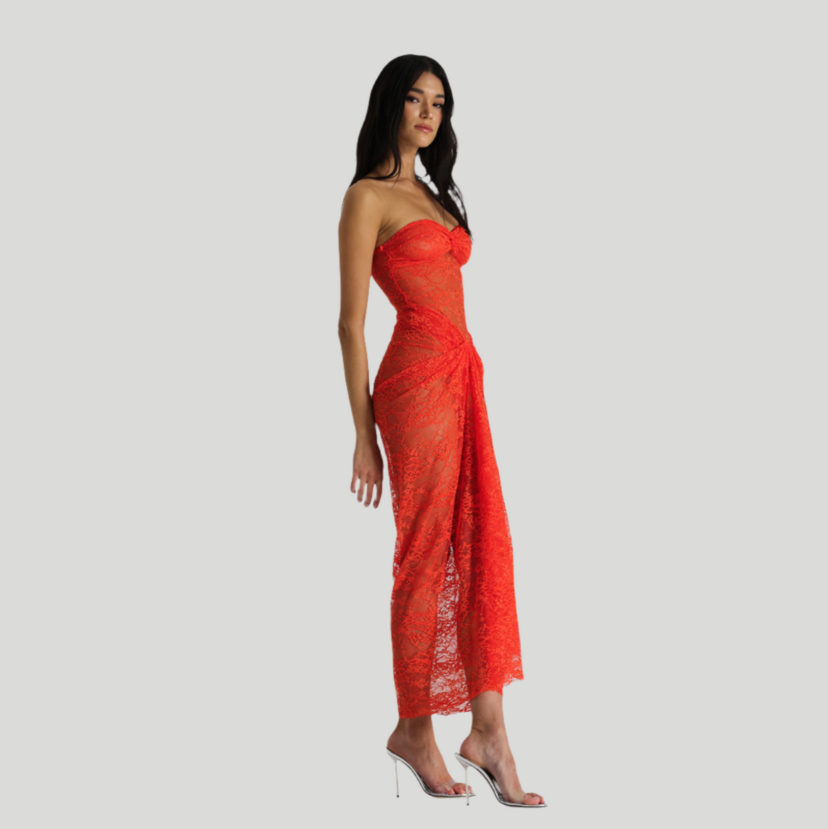 Sheer Lace Strapless Sweetheart Neck Knot Front Maxi Dress 11