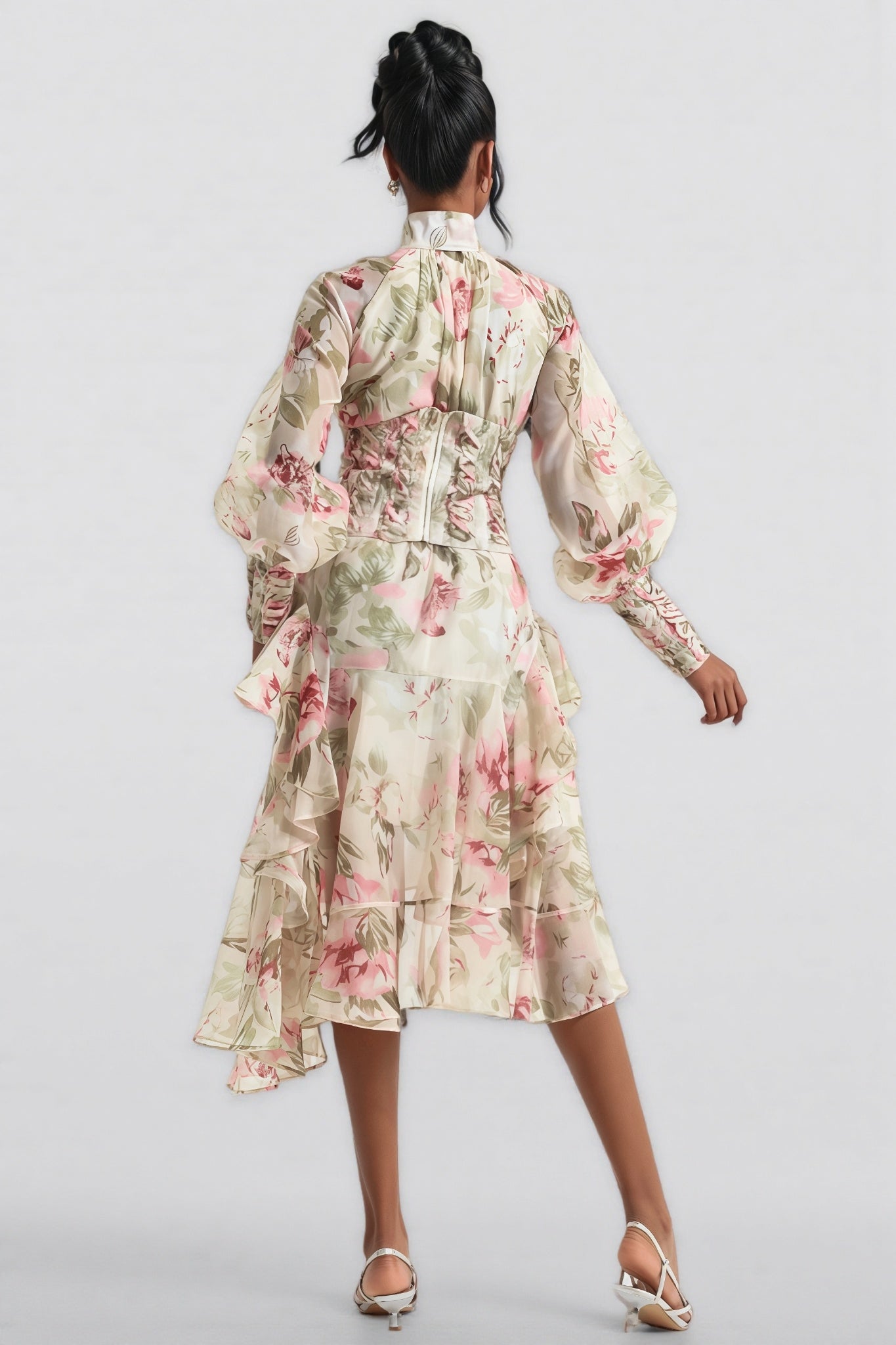 Arden Lantern Sleeve Stand Collar Mesh Midi Dress - View 6
