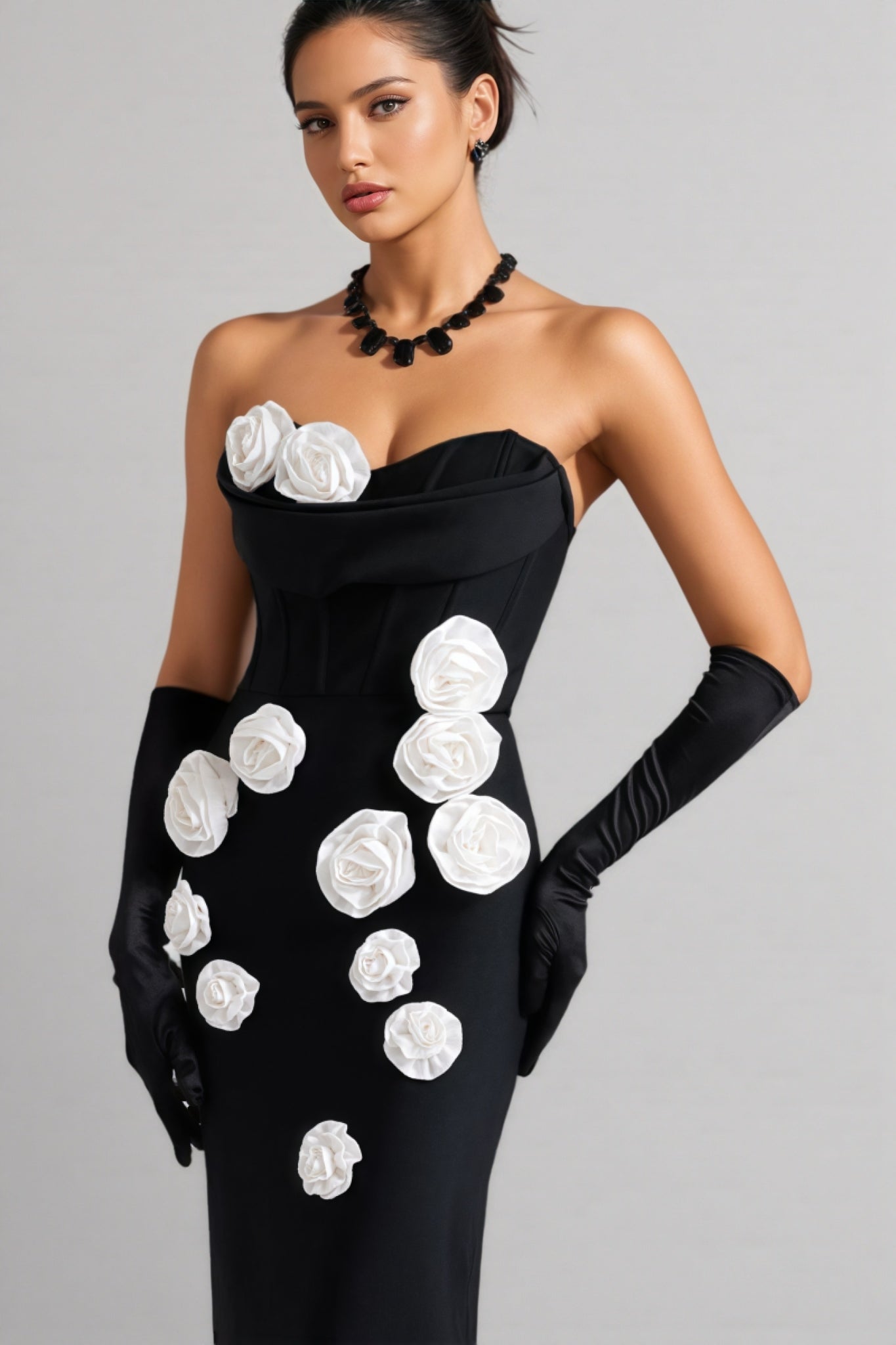 Bandage Strapless Corset Bodice 3D Floral Rosette Column Maxi Gown